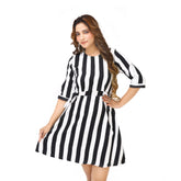 Black-white striped crepe short sleeve dress for women